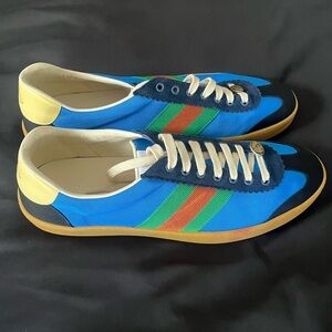 Gucci Blue and Green Sneakers with Cream and Orange Stripes